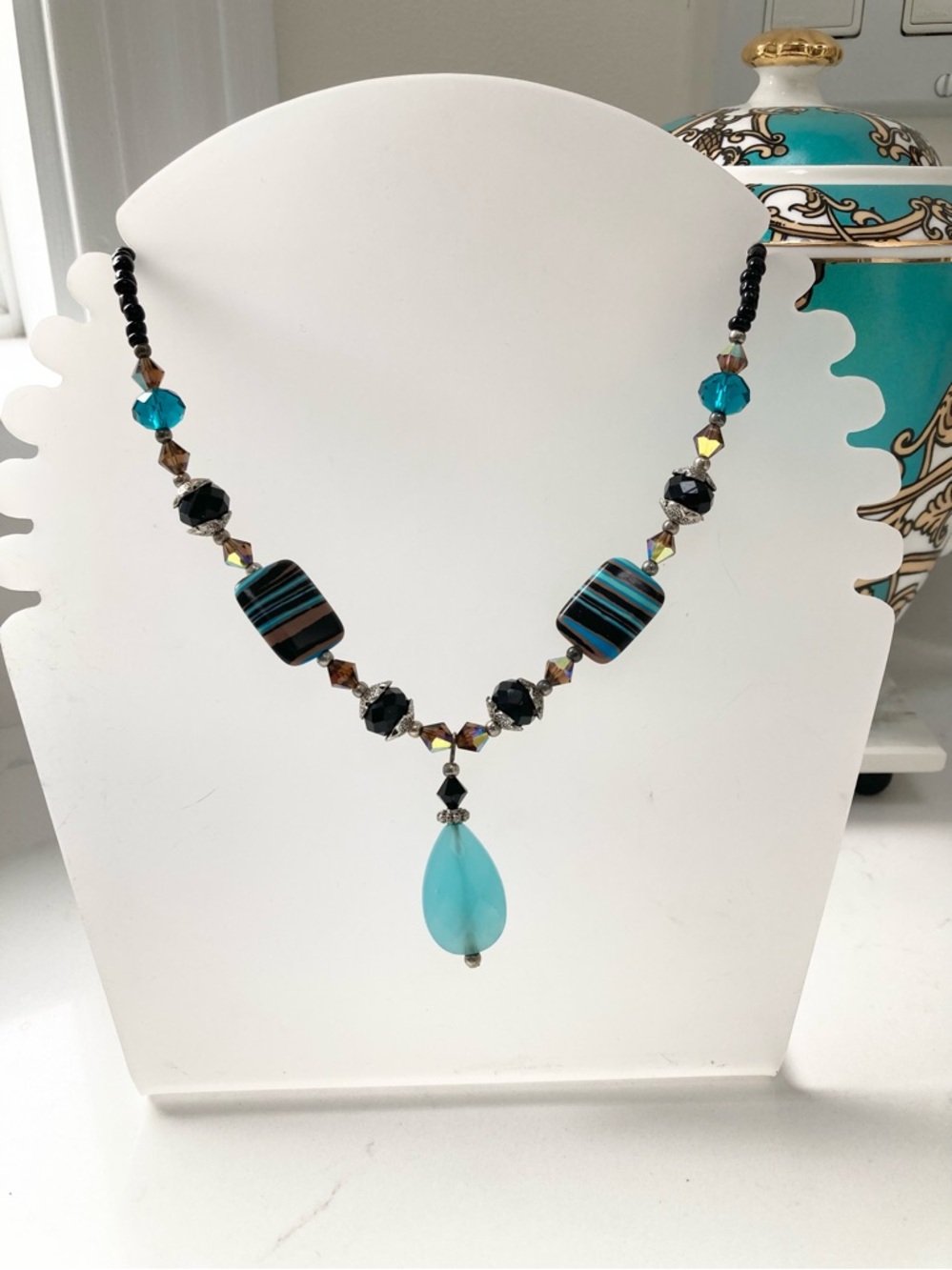 Turquoise Glass Beaded Necklace - 16"